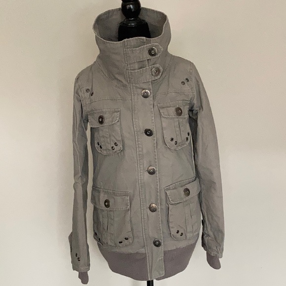 Hoi Polloi Bomber/Cargo Jacket Khaki-Gray Size 6 Small Sturdy Military Style - Picture 3 of 16